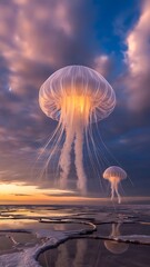 Surreal Golden Cloud Over Cityscape at Sunset – Sci-Fi Fantasy Landscape