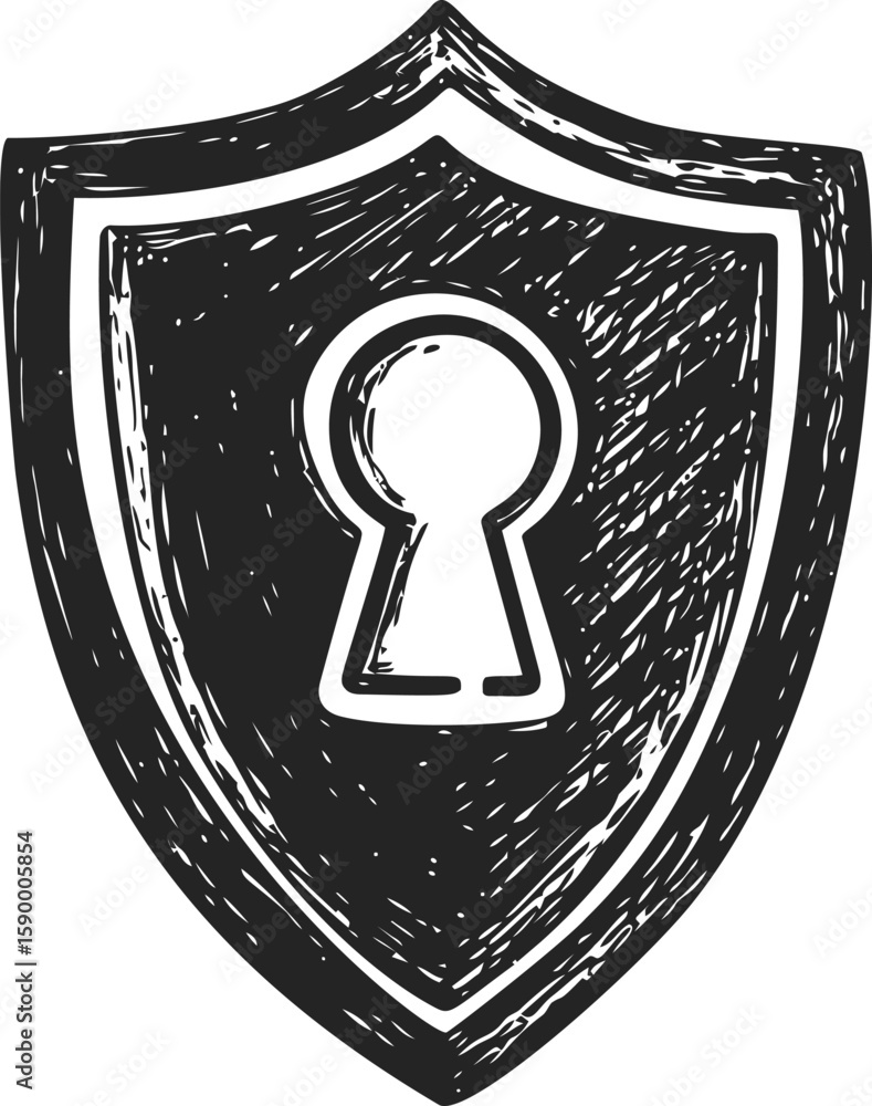 Aufkleber black and white sketch of a shield with a keyhole symbolizing security concept. vector illustration