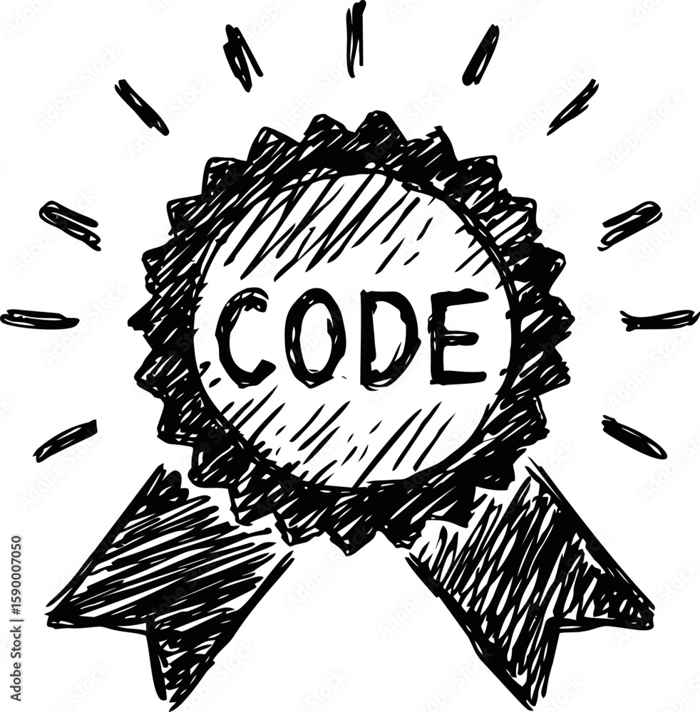 Poster hand-drawn sketch of a code badge with rays symbolizing achievement. vector illustration
