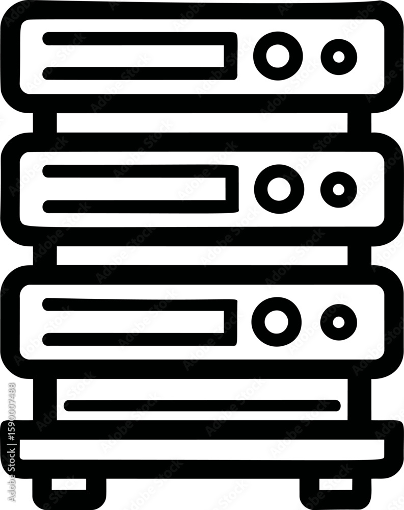 Poster stack of server racks in a minimalistic black and white line art design. vector illustration