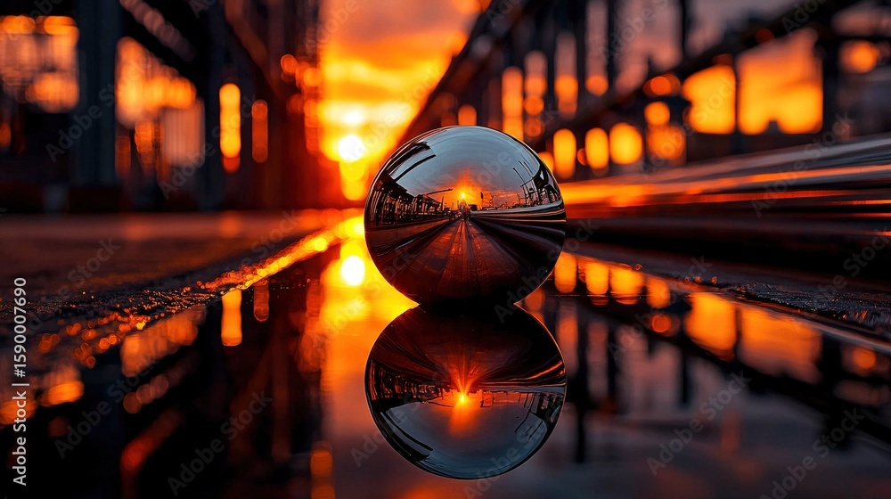 Poster a reflection of the sun in a clear ball on a wet surface with a reflection of a bridge behind it