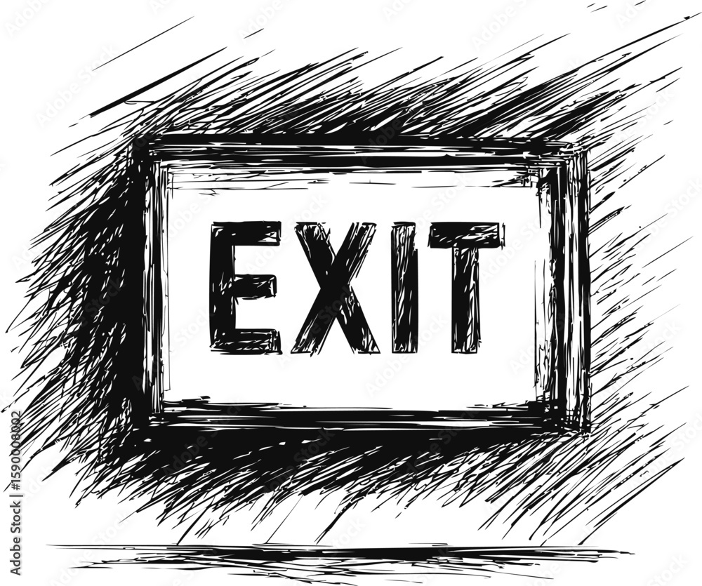 Poster black and white sketch of an exit sign with bold letters and abstract lines. vector illustration