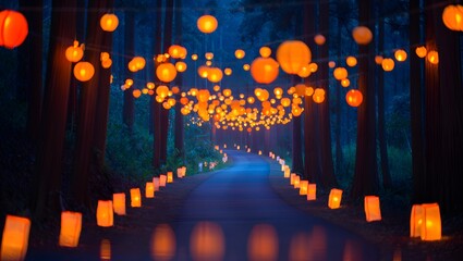 Discover the enchanting forest path illuminated by glowing lanterns at twilight hour