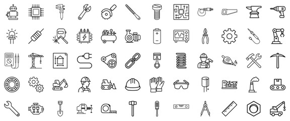 Engineering and construction icon set in line art style in black and white for industrial use