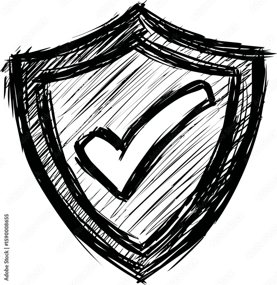 Poster black and white sketch of a shield with a check mark symbol for security and protection. vector illu