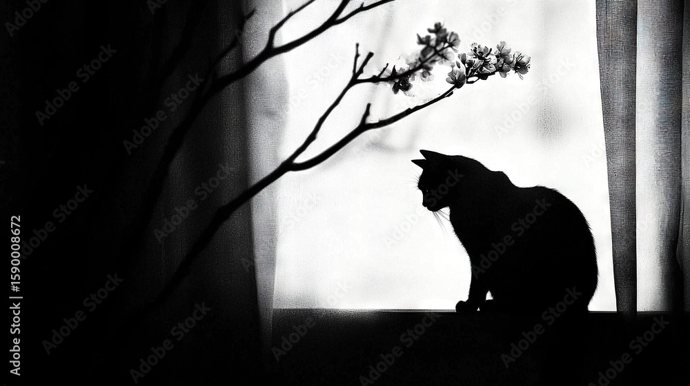 Poster a black and white picture of a cat sitting on a window ledge next to a tree branch