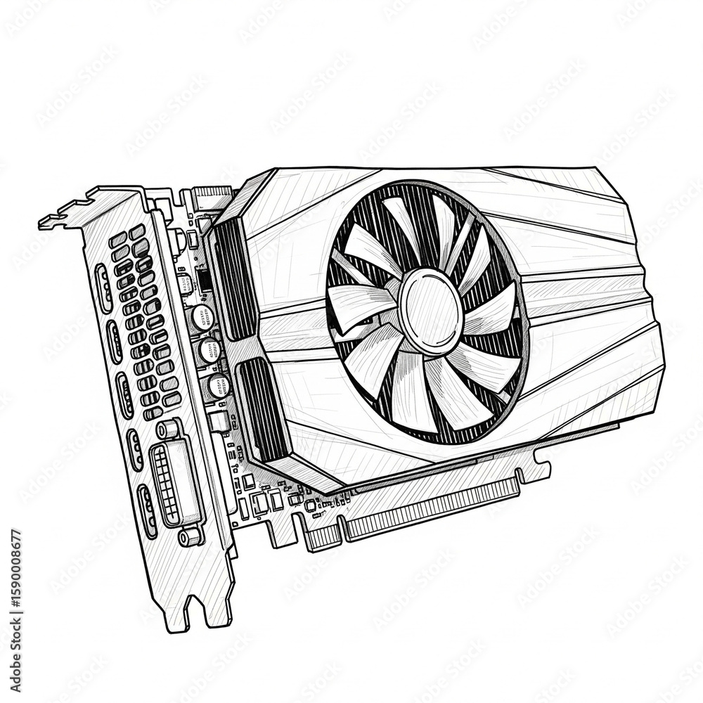 Fototapete clean, detailed line art of a single-fan graphics processing unit (gpu), representing essential comp