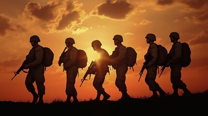 Fototapeta premium Group of soldiers standing together in the sunset, capturing a moment of unity and strength.