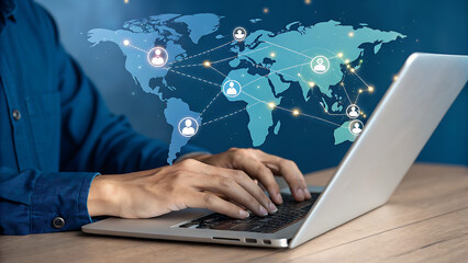 A person types on a laptop with a global network map overlay, symbolizing international business connections and worldwide communication