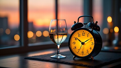 Wine glass and alarm clock on table with city lights background stock photo images