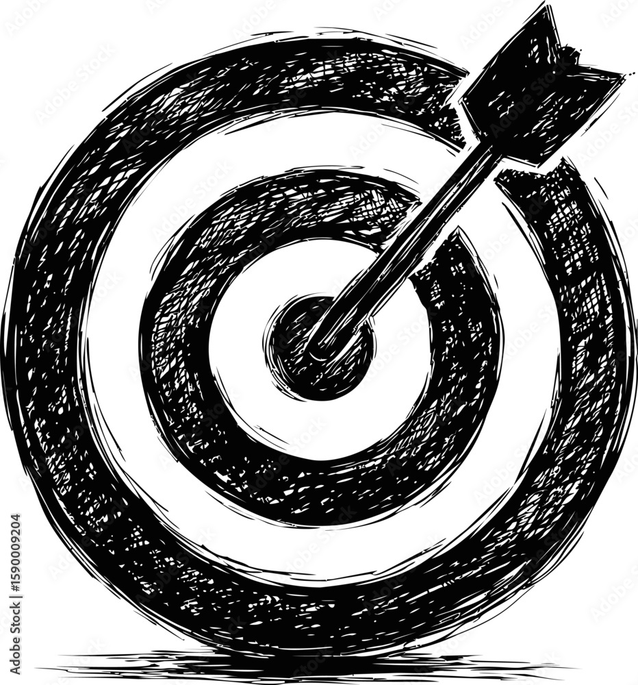 Poster black and white sketch of a dart hitting a target with bold lines. vector illustration
