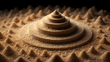 Sand pyramid landscape art, geometric sand sculpture, abstract sand dune formation art