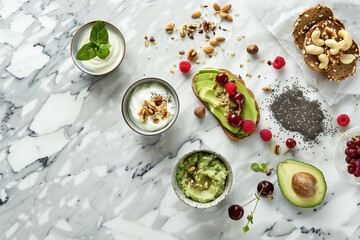 Healthy Flat Lay with Avocado Toast, Yogurt, and Chia Seeds
