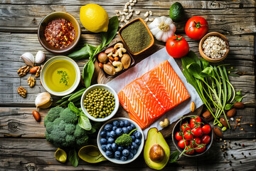 Flat Lay of Healthy Foods Including Salmon, Vegetables, and Nuts