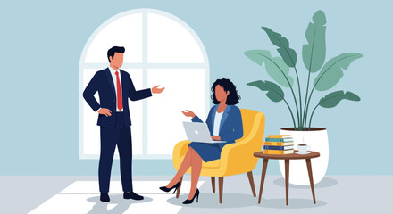 Vector art of a man and woman in business attire collaborating with a laptop in a modern office setting