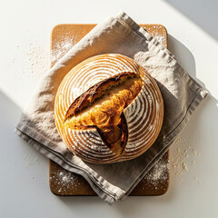 Rustic overhead shot of crusty sourdough loaf on linen cloth, wooden board and scattered flour. Warm side daylight copy