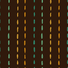 Seamless pattern with vertical rows of watercolor drops in mustard yellow and turquoise on a dark brown background. Perfect for modern textile designs, boho wrapping paper, digital backgrounds