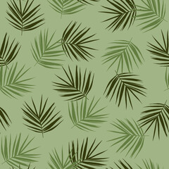 Seamless pattern with tropical palm leaves in different shades of green on a soft green background. Ideal for summer designs, beachwear, wallpaper, wrapping paper, digital backgrounds and eco-friendly