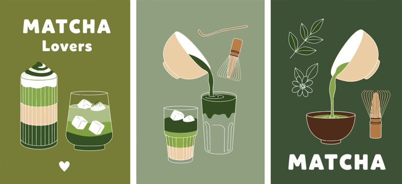 Trendy posters feature matcha tea drinks and accessories on green