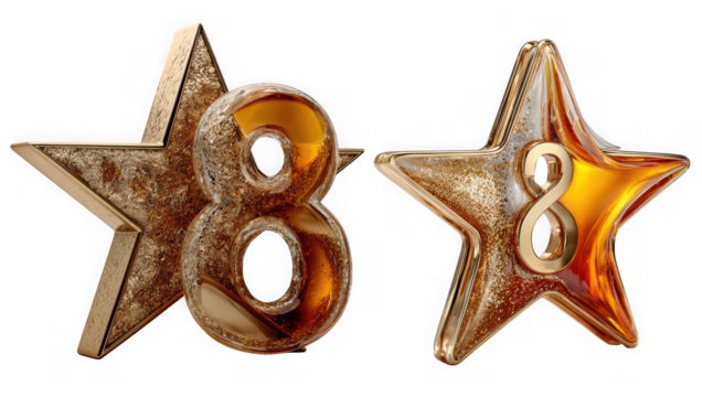 Two golden stars with the number eight in the center isolated on white isolated on transparent background