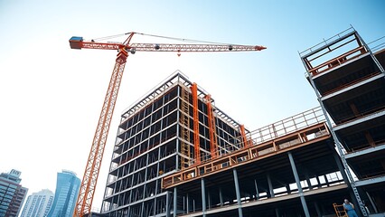Fototapeta premium Construction site with towering crane and skyscraper framework under daylight, showcasing urban development.