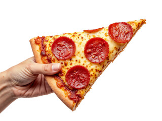 Hand holding delicious slice of pepperoni pizza isolated on transparent background
