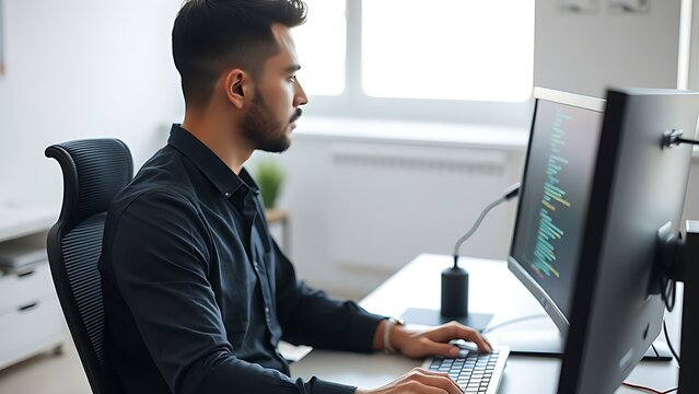 A focused developer working at a minimalist desk with a blurred code projection.