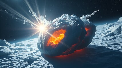 Colossal comet erupting crystalline geysers refracting starlight into prismatic beams.