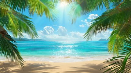 Relaxing Beach View With Palm Trees Under Sunny Sky and Calm Ocean