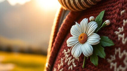 Glowing Swiss lantern with white cross motif, resting on rustic wood with alpine meadow in soft focus.