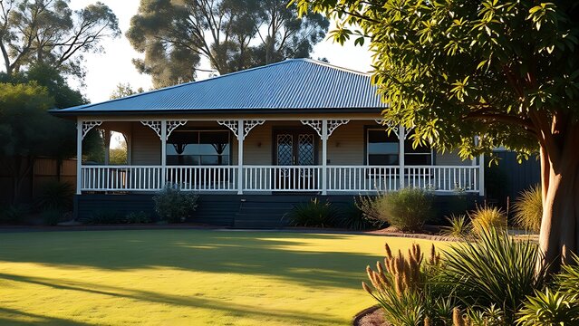 Single-story Australian suburban house with a wide veranda, lush garden in soft afternoon light.