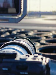 Camera resting on tires at a racing track during late afternoon, capturing the vibrant energy of motorsports