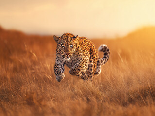 Leopard Running Fast Across African Savannah During Golden Hour Light