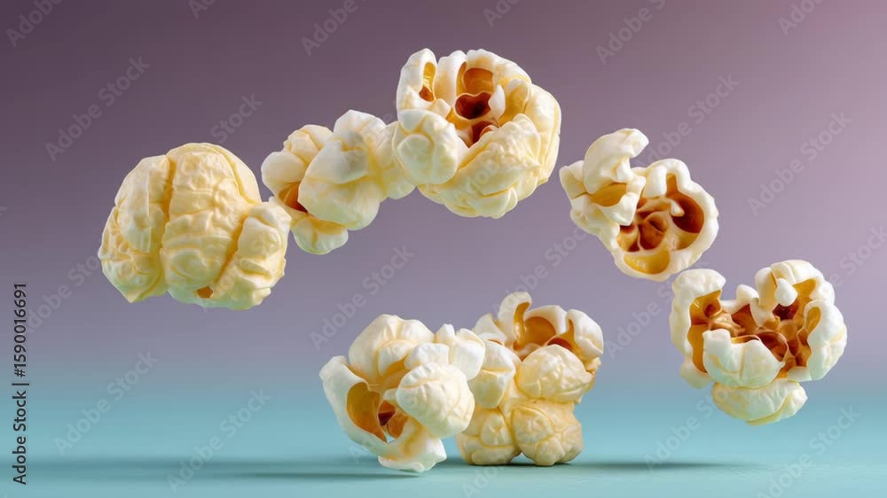 Poster floating popcorn kernels in mid-air against a soft gradient background, showcasing their fluffy text