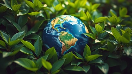 Earth globe surrounded by lush green leaves, symbolizing environmental awareness under natural ambient light.