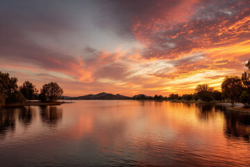 Obraz premium breathtaking sunsets over majestic lakes in different countries showcasing natures beauty