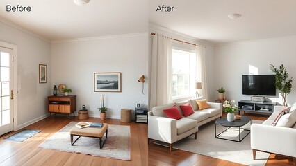Side-by-side room transformation showing worn outdated decor versus fresh modern furnishings under soft natural lighting.