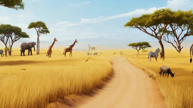 safari african animals wild vehicle caravan travel environment summer 3d render animation video