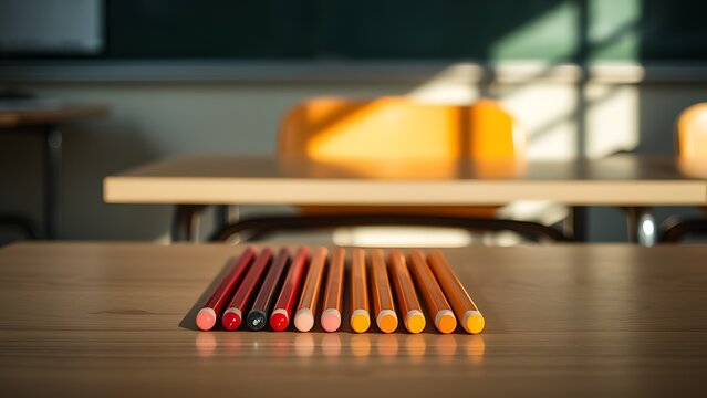 A classroom desk holds neatly arranged sharpened pencils, with soft focus on an empty chair nearby.