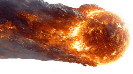 A fiery meteor streaks across the sky, trailing flames and smoke isolated on transparent background