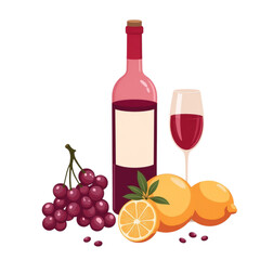 Obraz premium Wine bottle with grapes, lemons, and glass on white background 