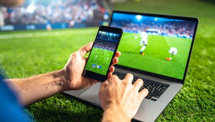 Person watching soccer game on phone and laptop outdoors