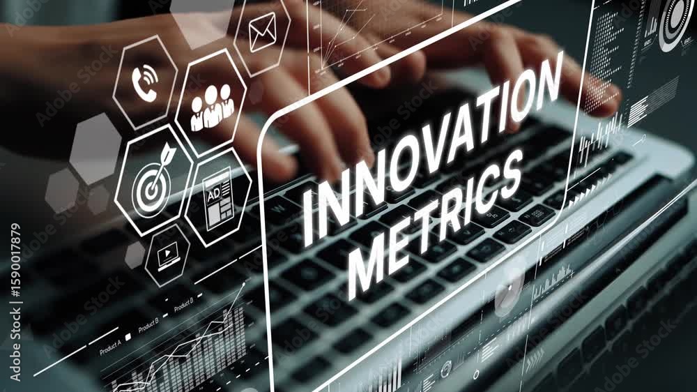 Aufkleber hands typing on laptop with innovation metrics data visualization and modern technology elements. as
