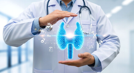 Doctor holding a digital thyroid gland with medical icons around it in a white background scene
