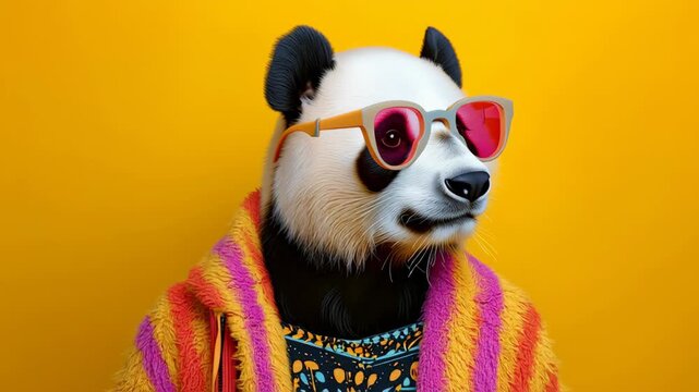 Playful panda wearing stylish sunglasses and colorful patterned sweater, posing against vibrant yellow background, showcasing a fun and whimsical atmosphere with a touch of personality and charm