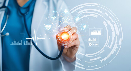 Doctor holding stethoscope with digital health icons and futuristic technology interface shown around