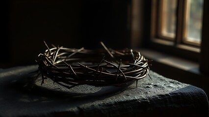 Fototapeta premium A symbolic crown of thorns resting on a dark surface, representing Christian sacrifice and devotion.