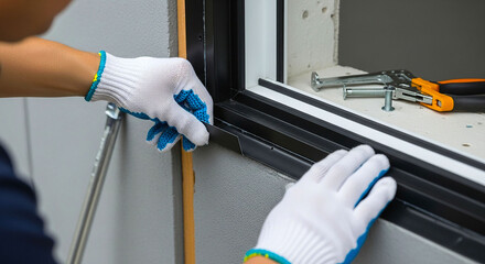 Worker installing a black trim piece on a window frame with tools nearby in a close up shot view