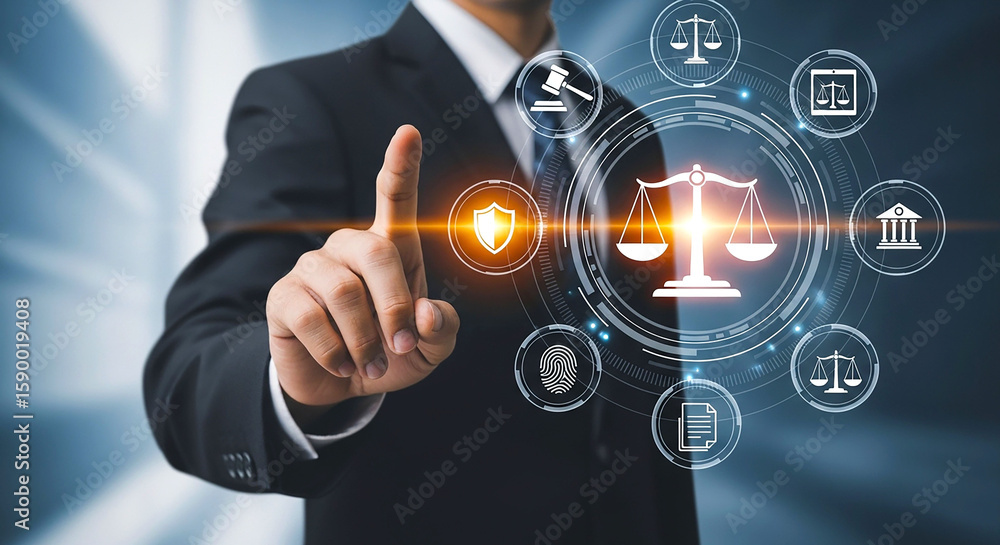 Poster a man in a suit pointing at a digital display of law and justice related icons in a circular design