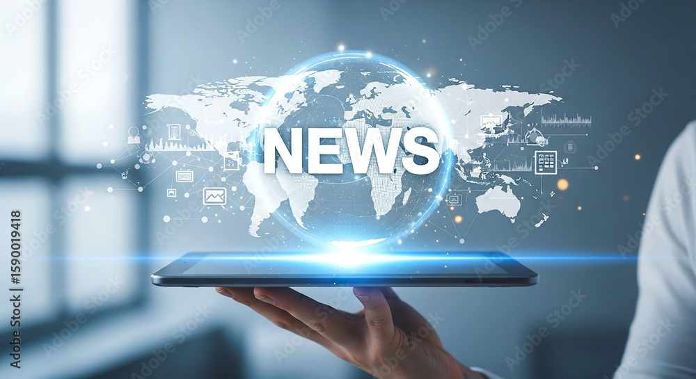 Poster a person holding a tablet displaying news over a world map with digital icons in a bright setting